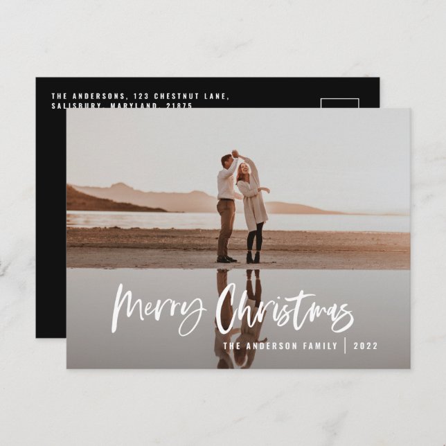 Budget modern minimal photo black script Christmas Holiday Postcard (Front/Back)