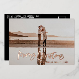 Budget modern minimal photo blue script Christmas  Foil Holiday Card