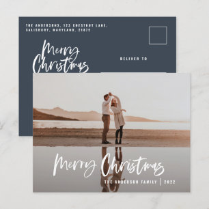 Budget modern minimal photo blue script Christmas Holiday Postcard
