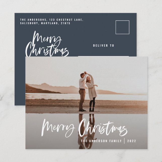 Budget modern minimal photo blue script Christmas Holiday Postcard (Front/Back)