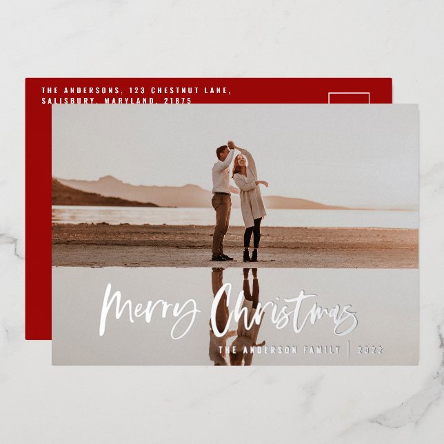 Budget modern minimal photo red script Christmas Foil Holiday Card (Front/Back)