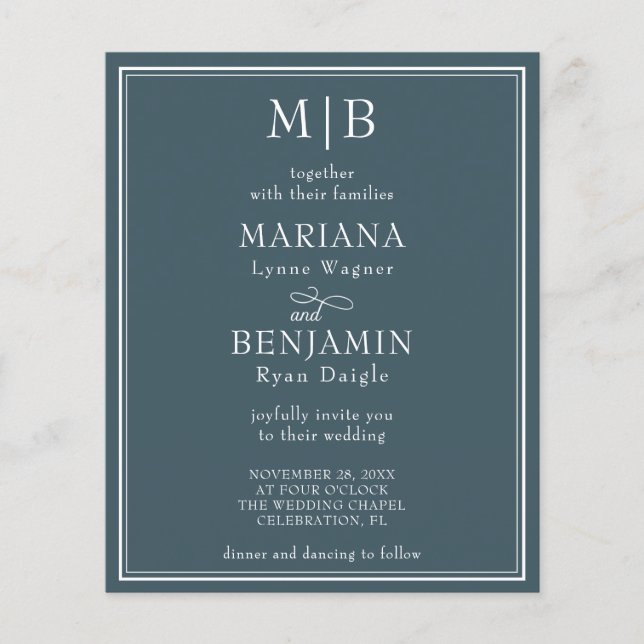 Budget Modern Minimalist Blue Wedding Invitation Flyer (Front)