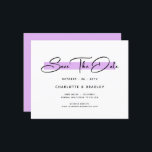 Budget Modern Minimalist Script Save The Date<br><div class="desc">Budget Modern Minimalist Script Save The Date Invitation Card features "Save The Date" in an elegant black script over a modern purple accent on a white background with your Save The Date information below. Personalise by editing the text in the text boxes provided. Designed for you by ©Evco Studio www.zazzle.com/store/evcostudio...</div>