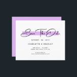 Budget Modern Minimalist Script Save The Date<br><div class="desc">Budget Modern Minimalist Script Save The Date Invitation Card features "Save The Date" in an elegant black script over a modern purple accent on a white background with your Save The Date information below. Personalise by editing the text in the text boxes provided. Designed for you by ©Evco Studio www.zazzle.com/store/evcostudio...</div>