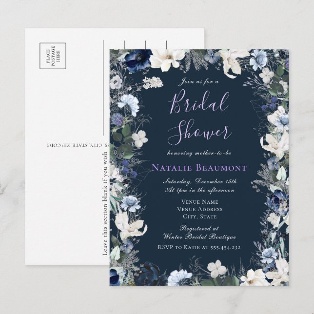Budget Modern Navy Blue Floral Bridal Shower Invitation Postcard (Front/Back)