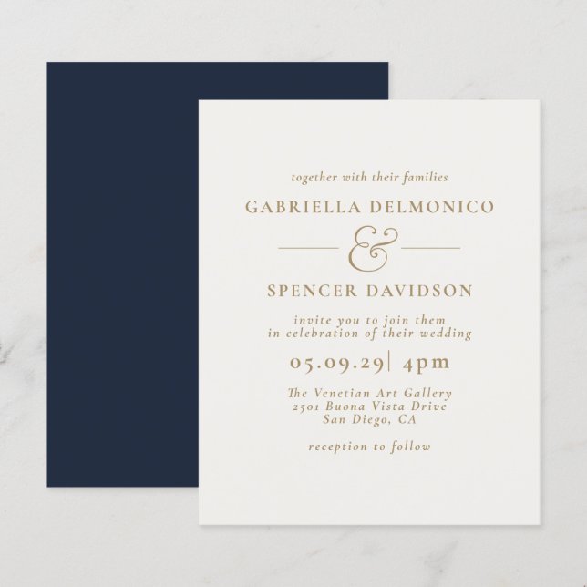 BUDGET Modern Navy Blue Gold Wedding Invitation (Front/Back)