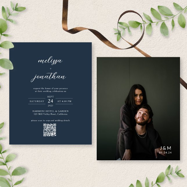BUDGET Modern Navy Blue Photo QR Code Wedding (Creator Uploaded)