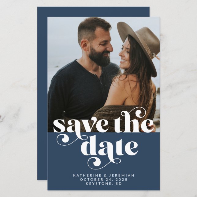 BUDGET Modern Navy Blue Photo Save the Date (Front/Back)