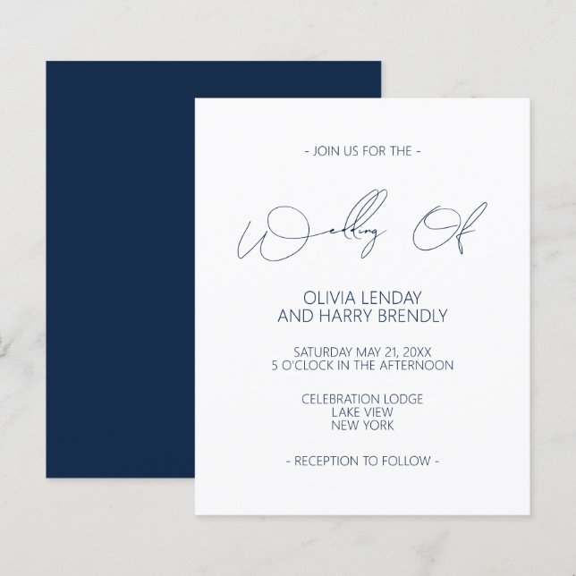 Budget Modern Navy Blue White Wedding Invitation (Front/Back)