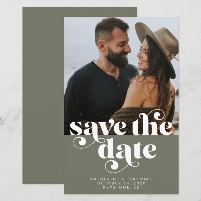BUDGET Modern Olive Green Photo Save the Date (Front/Back)