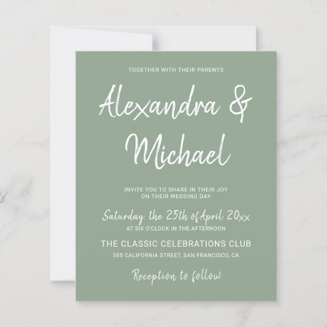 Budget modern olive green wedding invitation (Front)