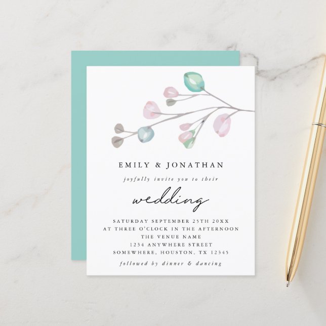 Budget Modern Pastel Leaves Wedding Invitation (Front/Back In Situ)