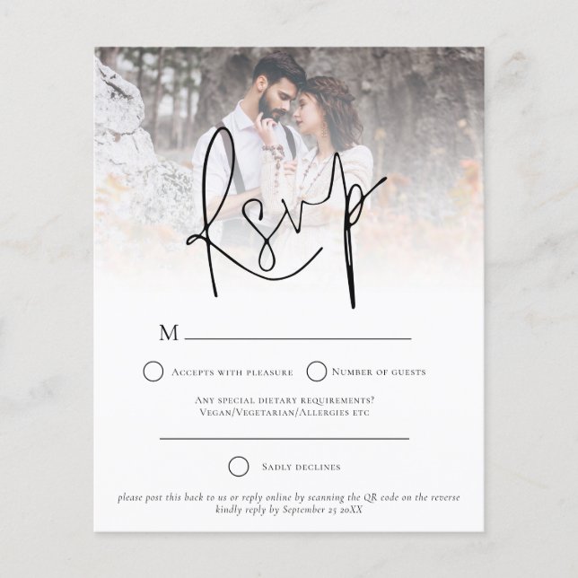 Budget Modern Photo Overlay QR Code Wedding RSVP  (Front)