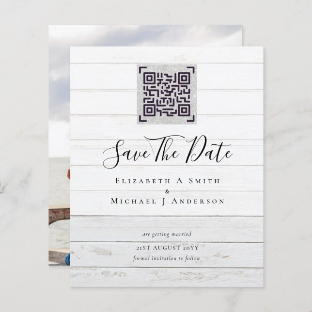 BUDGET Modern PHOTO SAVE THE DATE QR CODE RSVP (Front/Back)