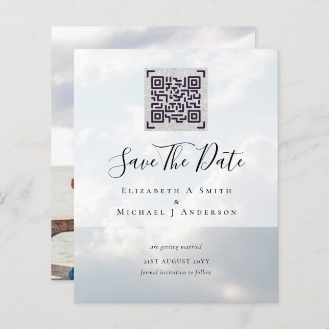 BUDGET Modern PHOTO SAVE THE DATE QR CODE RSVP (Front/Back)