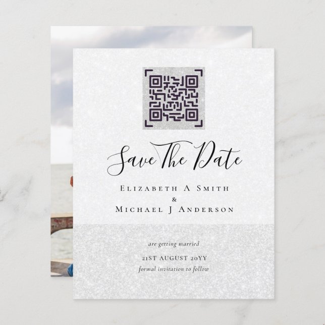BUDGET Modern PHOTO SAVE THE DATE QR CODE RSVP (Front/Back)