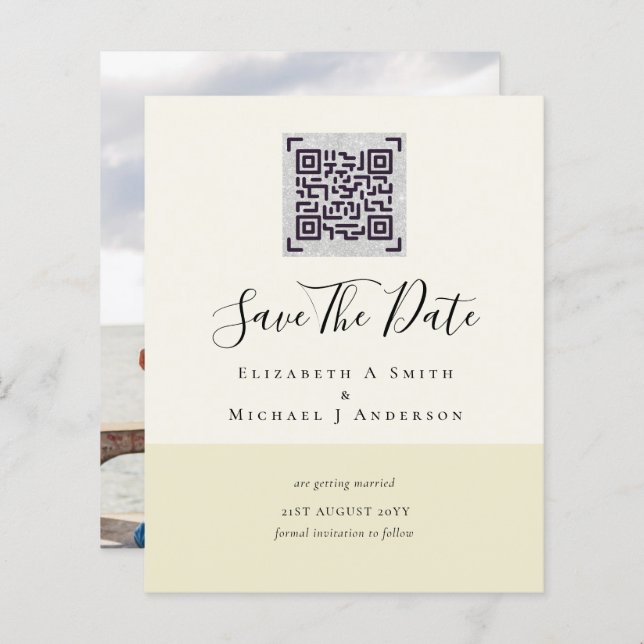 BUDGET Modern PHOTO SAVE THE DATE QR CODE RSVP (Front/Back)