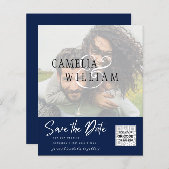 BUDGET Modern PHOTO Save The Date QR CODE RSVP (Front/Back)