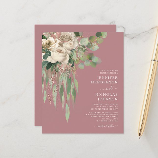 Budget Modern Pink Floral Roses Wedding Invitation (Front/Back In Situ)