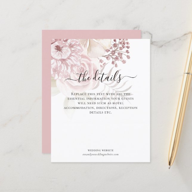 Budget Modern Pink Florals Script Wedding Details (Front/Back In Situ)