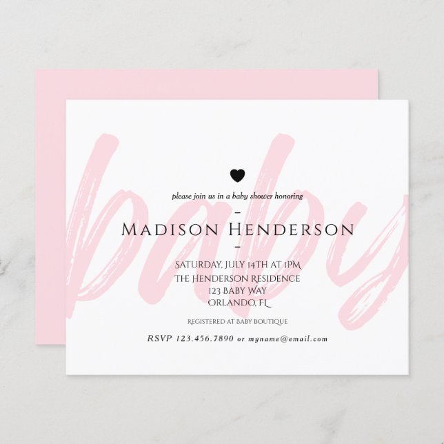Budget Modern Pink Minimal Typography Baby Shower (Front/Back)