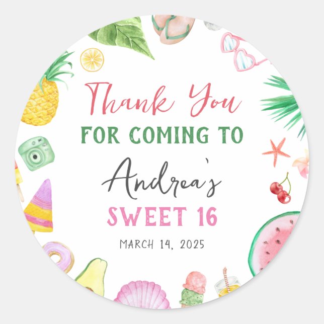 Budget Modern Pool Party Summer Sweet 16 Birthday Classic Round Sticker (Front)