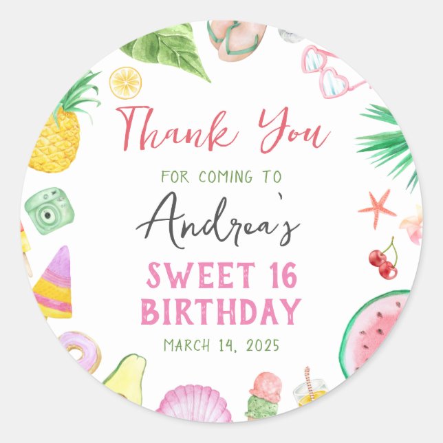 Budget Modern Pool Party Summer Sweet 16 Thank You Classic Round Sticker (Front)