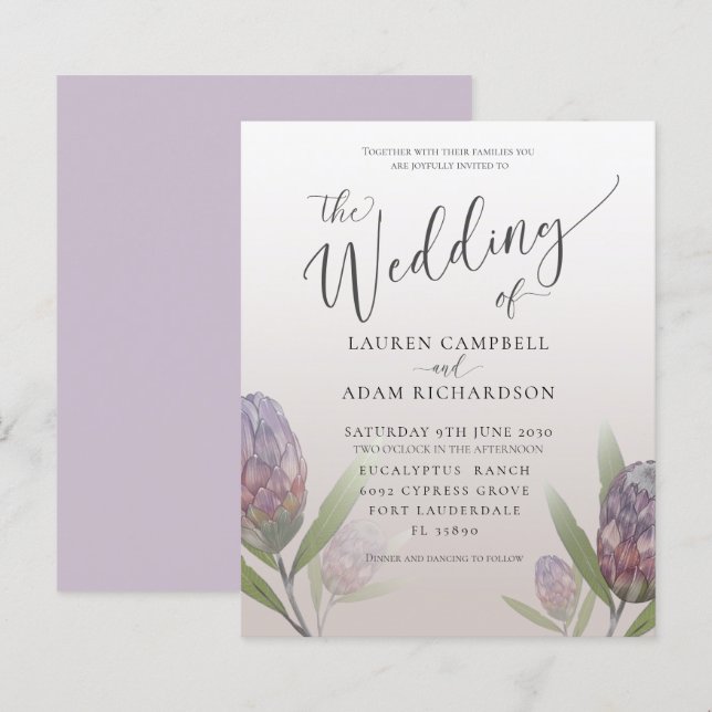 Budget Modern Purple Floral Wedding Invitation (Front/Back)