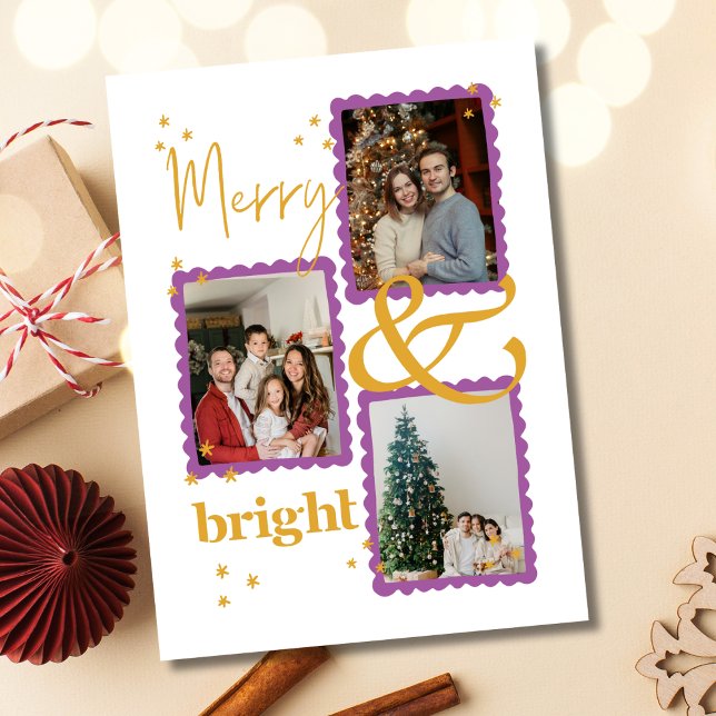 Budget Modern Purple & Gold 3 Photo Merry & Bright Card (Creator Uploaded)