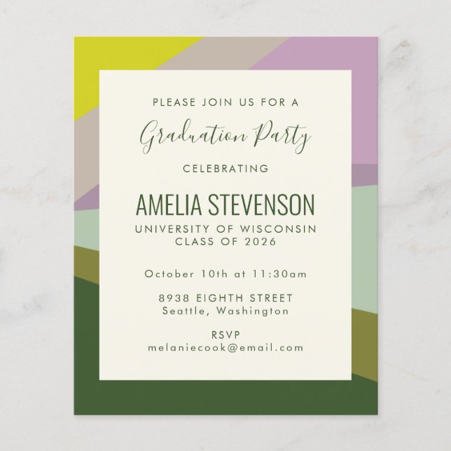 Budget Modern Purple Green Graduation Party Invite (Front)