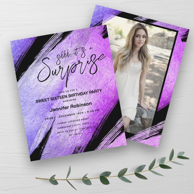 Budget Modern Purple Surprise Sweet 16 Invites  (Budget Modern Purple Surprise Sweet 16 Invites )