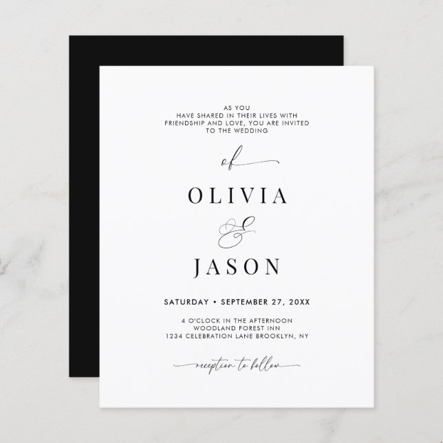 BUDGET Modern Romantic Script Black White Wedding (Front/Back)