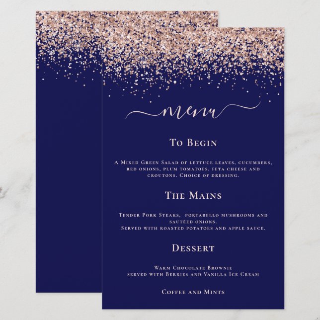 Budget Modern Rose Gold Glitter Wedding Navy Menu (Front/Back)
