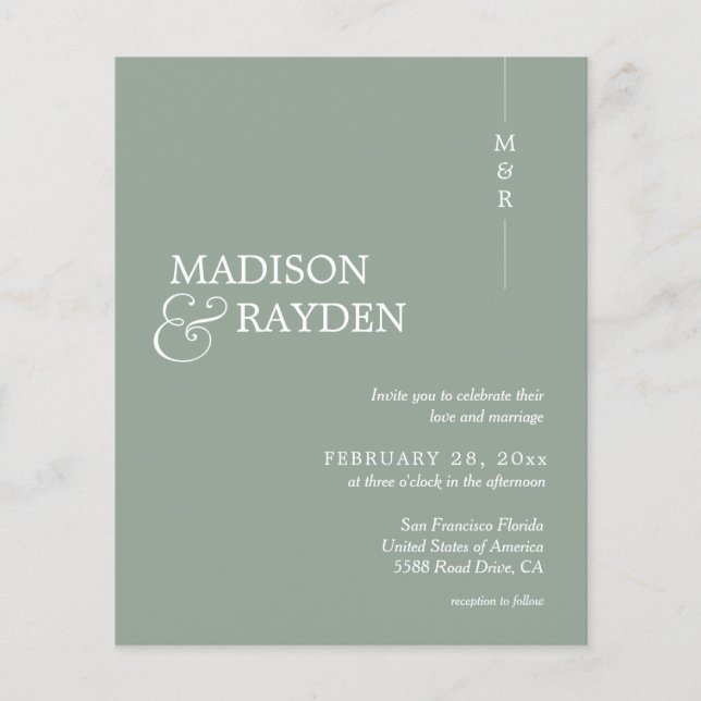 Budget Modern Sage Green Monogram Photo Wedding (Front)