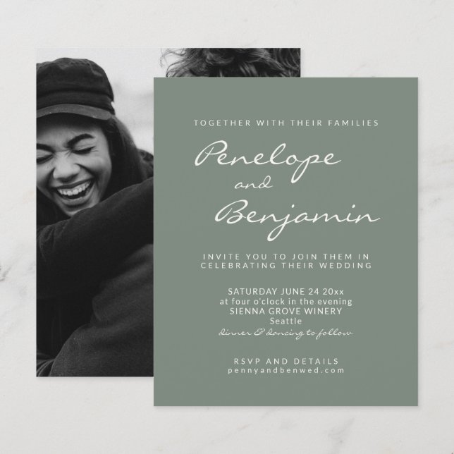 Budget Modern Sage Green Photo Wedding Invite (Front/Back)