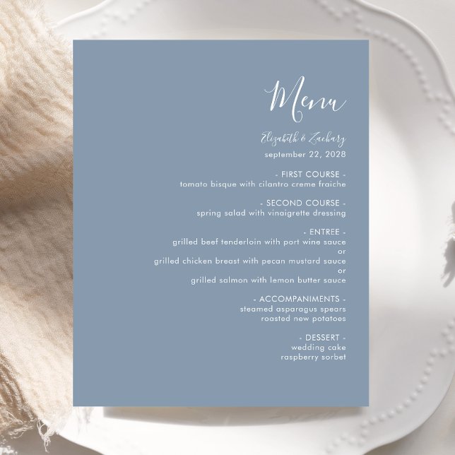 Budget Modern Script Dusty Blue Wedding Menu (Creator Uploaded)