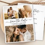 Budget Modern Script Photo Collage Save The Date<br><div class="desc">Budget elegant modern black and white script 3 photo collage wedding save the date announcement personalised affordable low budget flyer. Chic minimalist design template feature three (3) couple photo and elegant cursive hand lettering typography script „Save the Date” text in black on white background colour. ***PLEASE NOTE! *** BUDGET PAPER/FLYER...</div>