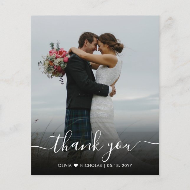 Budget Modern Script Photo Wedding Thank You Card (Front)