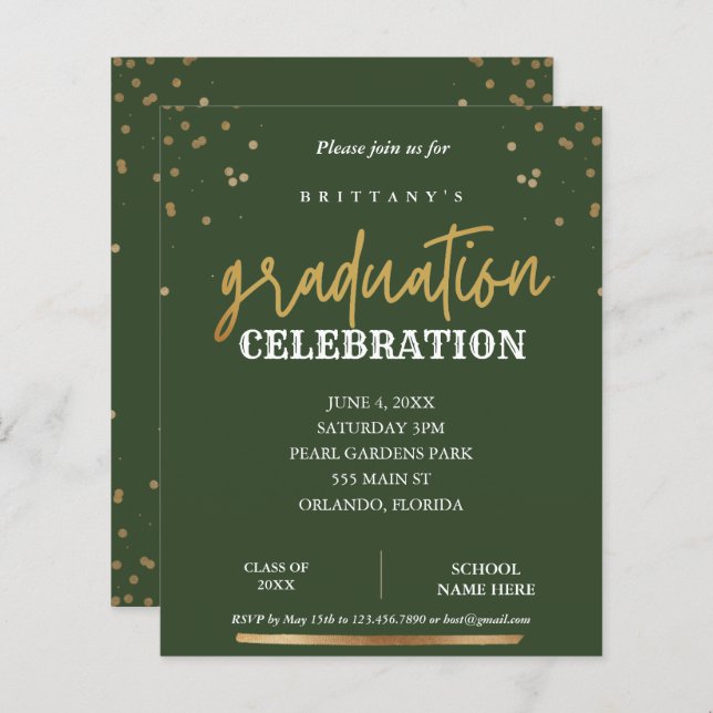 Budget Modern Script Sage & Gold Graduation Invite (Front/Back)