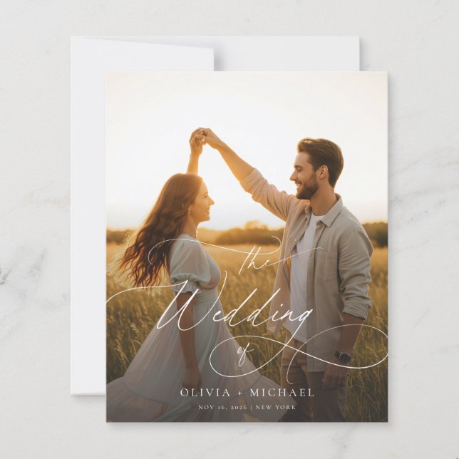 Budget Modern Script Sunset Photo Wedding Invites (Front)