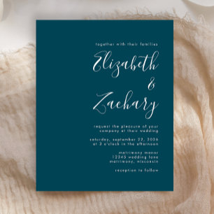 Budget Modern Script Teal Blue Wedding Invitation