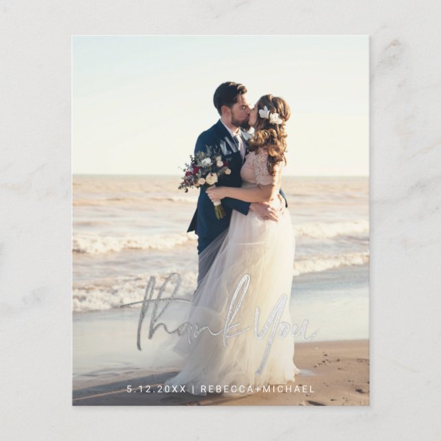 Budget Modern Script Wedding Photo Thank You Cards (Front)