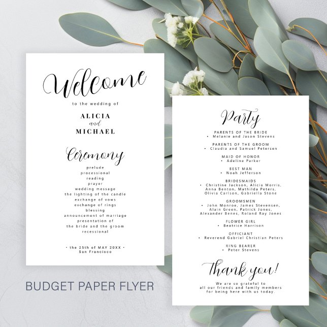 Budget modern simple black white wedding program flyer (Creator Uploaded)