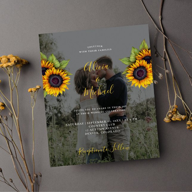 Budget modern sunflower photo wedding invitation (Creator Uploaded)