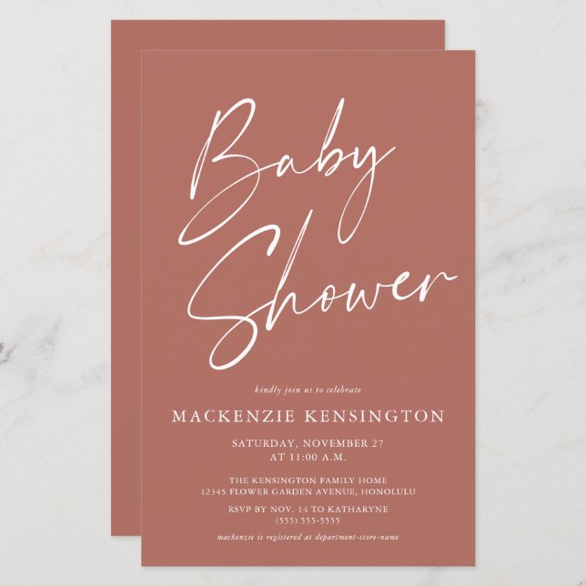 Budget Modern Terracotta Simple Script Baby Shower (Front/Back)