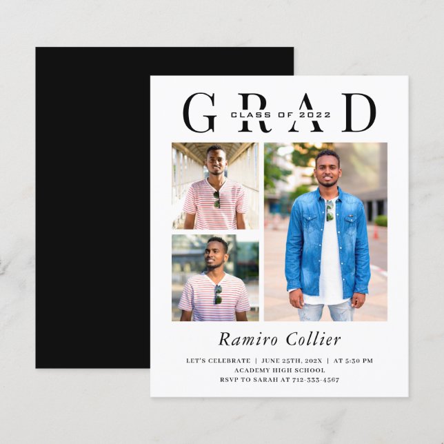 Budget Modern Three Photo Graduation Invitation (Front/Back)