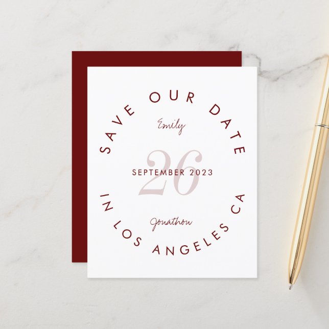 Budget Modern Typography Burgundy Save The Date (Front/Back In Situ)
