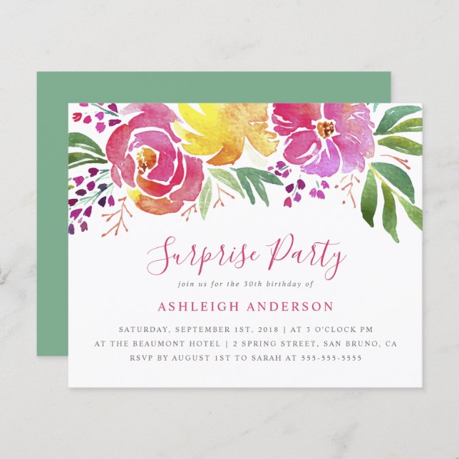 Budget Modern Watercolor Floral Surprise Party (Front/Back)