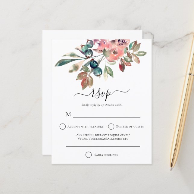 Budget Modern Watercolor Pink Florals Wedding RSVP (Front/Back In Situ)