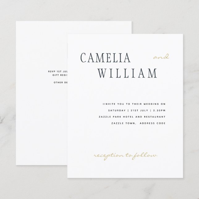 BUDGET Modern Wedding Midnight Blue Gold Text (Front/Back)